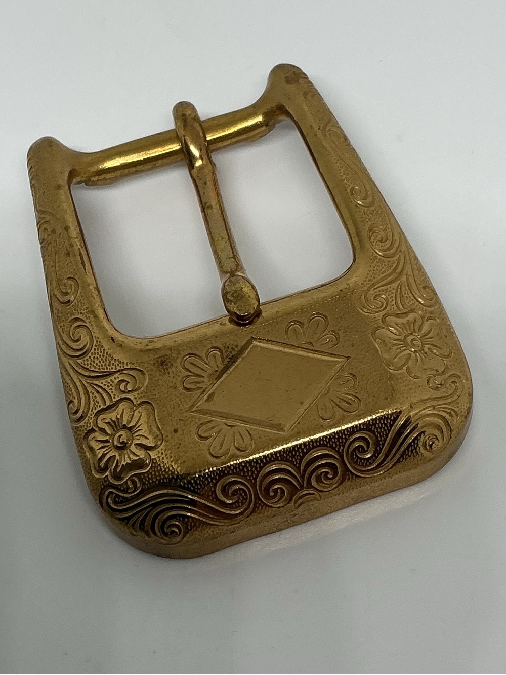 Vintage Western-Style Solid Brass Tooled Belt Buckle – Floral Scroll Design